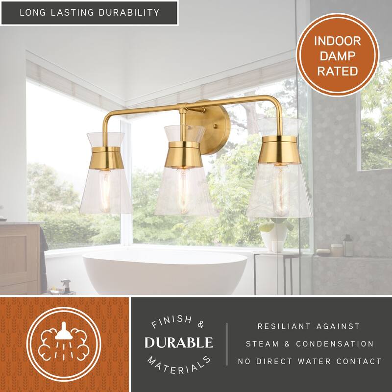 VAXCEL Harper Natural Brass Gold Mid-Century Modern Bathroom Vanity Lighting Fixture, Clear Glass Shade, Wall Sconce