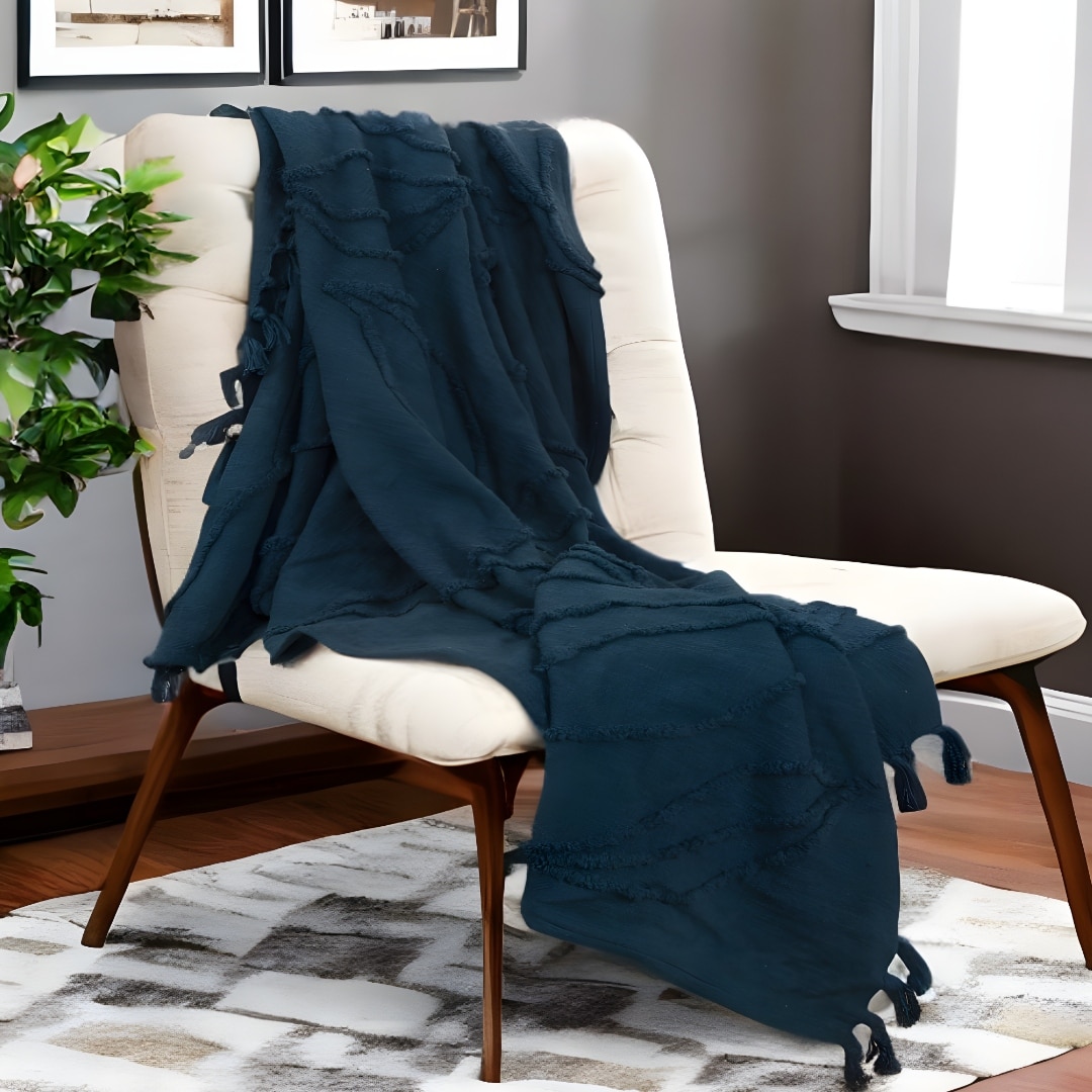 HomeRoots Teal Blue Woven 100% Woven Textured Cotton Throw Blanket