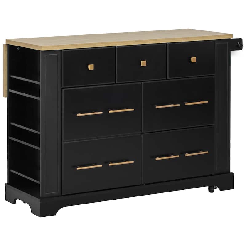 Kitchen Island with 6 Drawers, Pull Out Trash Can Storage, with Drop Leaf, Power Outlet, 5 Open Side Racks
