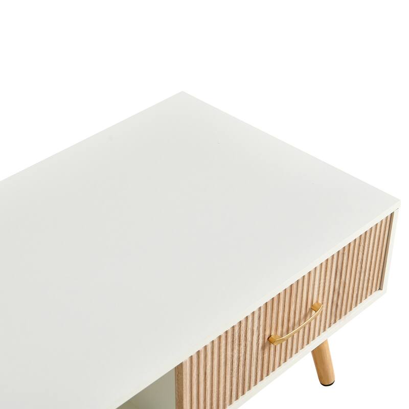 Rectangle Coffee Table with Solid Wood Legs, Sliding Drawer for Storage, Modern Table for Living Room