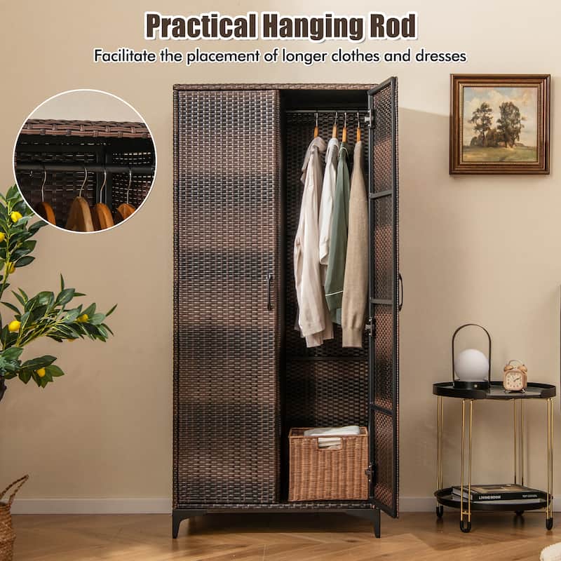 Gymax 62'' Wicker Wardrobe w/ 2 Doors Hanging Rod & 4 Storage Cubes
