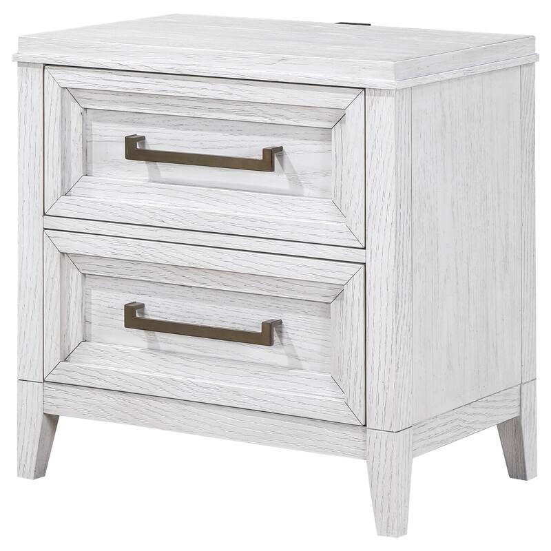 Distressed White 2-Drawer Nightstand with Stepped Fronts, Antique Brass Pulls and Casual Modern Bedroom Design