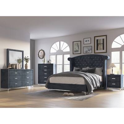 Sheridan 3 Piece Velvet Dark Gray Upholstered Tufted Panel Bedroom Set