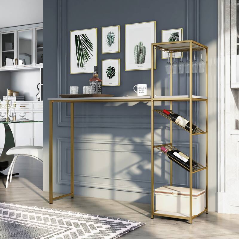 Aubrey Contemporary White and Gold Coating Metal Wine Shelf Bar Table by Furniture of America - High Gloss White/Gold Coated