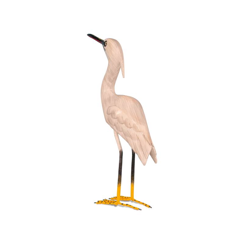Wood Snowy Egret Heron Figurine - Hand Carved Coastal Bird Sculpture, Elegant Shore Decor - 11" tall x 7" wide x 2.2" deep