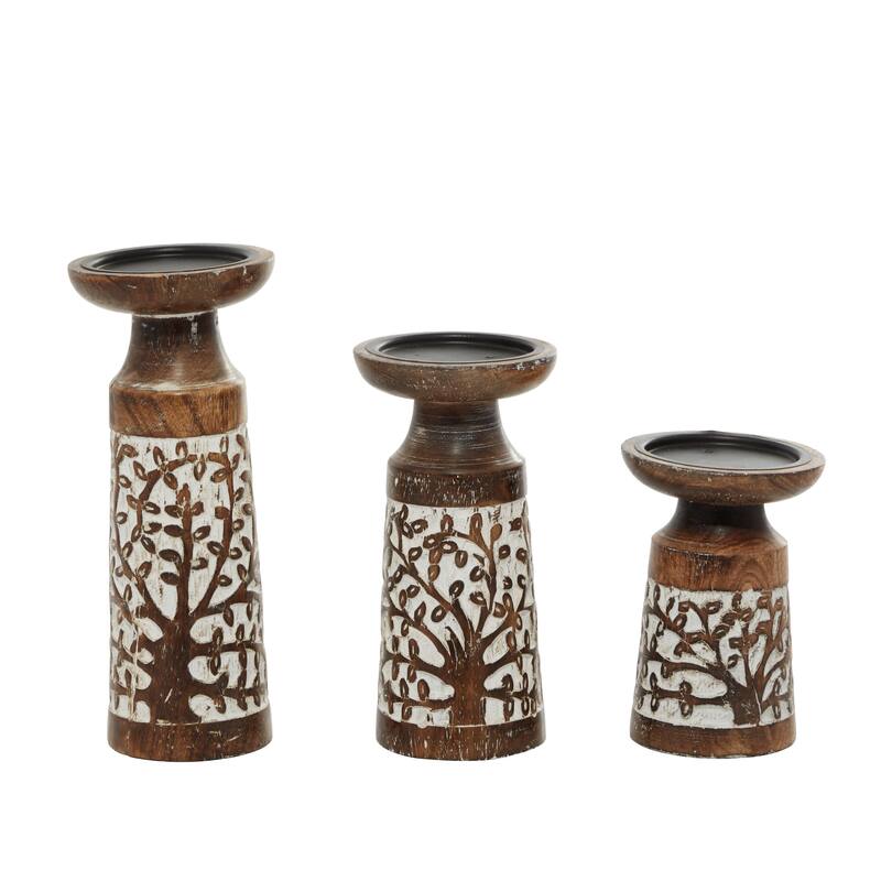 Brown Mango Wood Coastal Candle Holder (Set of 3)