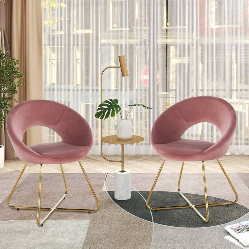 Modern Velvet 2PC Dining Chairs Armchair, MidCent Gold Legs - Pink