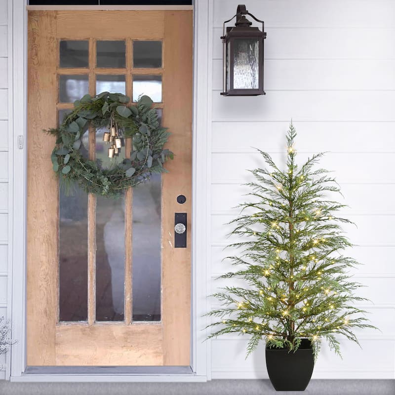 Puleo International 4 ft. Pre-Lit Potted Mountain Cedar Artificial Christmas Tree