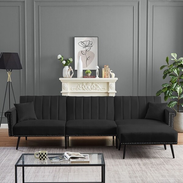 L shape Sectional Sofa with Ottoman Sofa Couch Folding Futon Sofa Bed with Multiple Adjustable Positions and Nailhead Trim Bed Bath Beyond 37240751