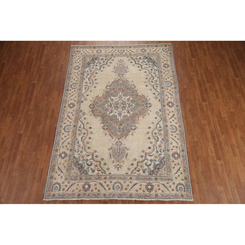 Hand Knotted Oriental 100% Wool Carpet Traditional Medallion Beige & Ivories Tabriz Area Rug - 9' 5'' X 6' 5''