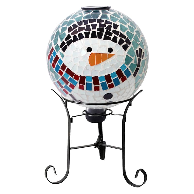 Solar Snowman Mosaic Glass Globe with Foldable Metal Stand - Multi - 12"H