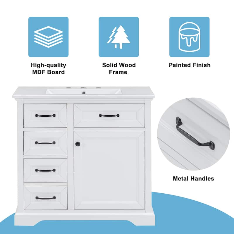 36" Bathroom Vanity with Ceramic Sink Top, 4 Drawers, 1 Soft-Close Door, Freestanding Storage Cabinet, 8" Faucet Ready