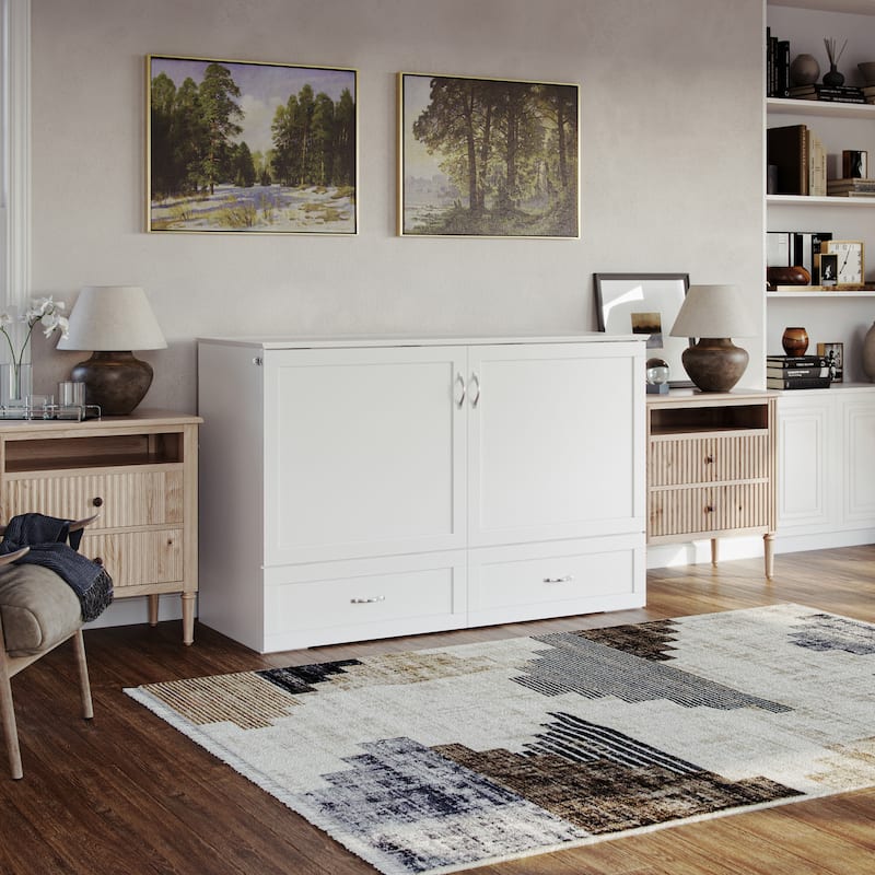 Raleigh Queen Murphy Bed Chest with 6" Mattress, Storage Drawer & Built-In Charger in White