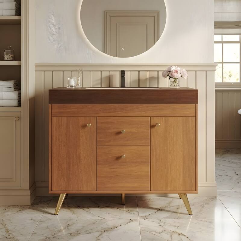 36" Modern Freestanding Bathroom Vanity with Sintered Stone Top, Ceramic Sink & Smart Storage - Brown/Gold/Walnut/White