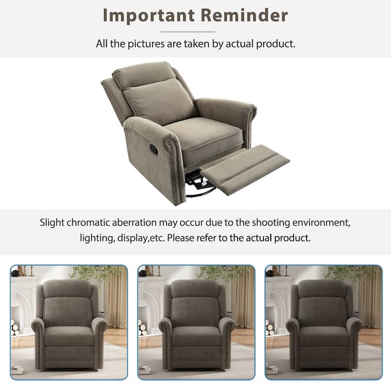 Home Theater Swivel Recliner Chair, Manual Rocking Nursery Rocker w/Adjustable Backrest Rolled Arms Lounge Chair with Rivet Trim