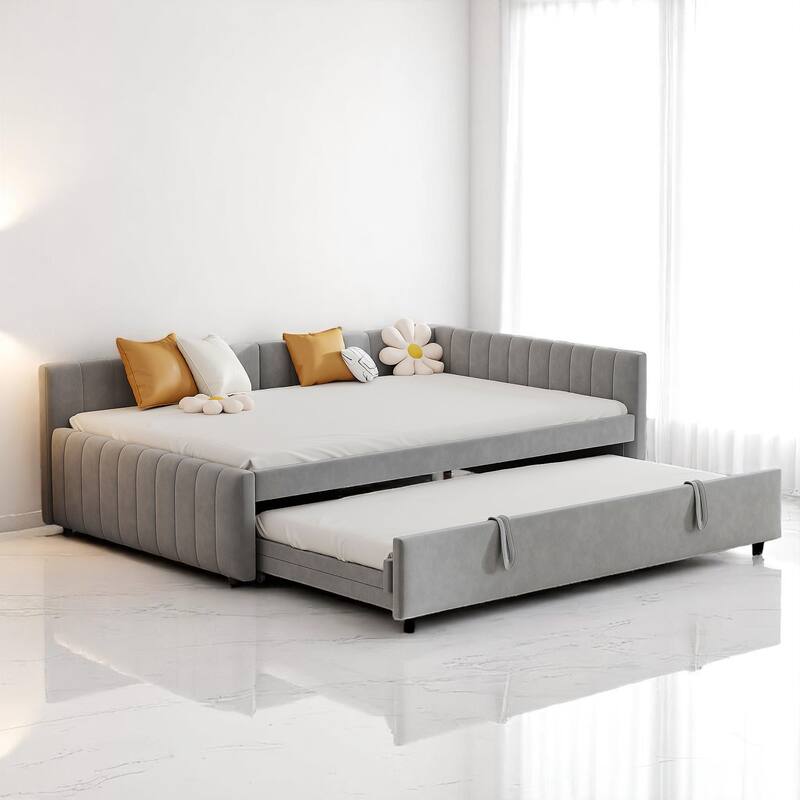 Stylish Full Size Daybed with Pull-Out Twin Trundle, L-Shaped Backrest, and No Box Spring Required - Grey - Full