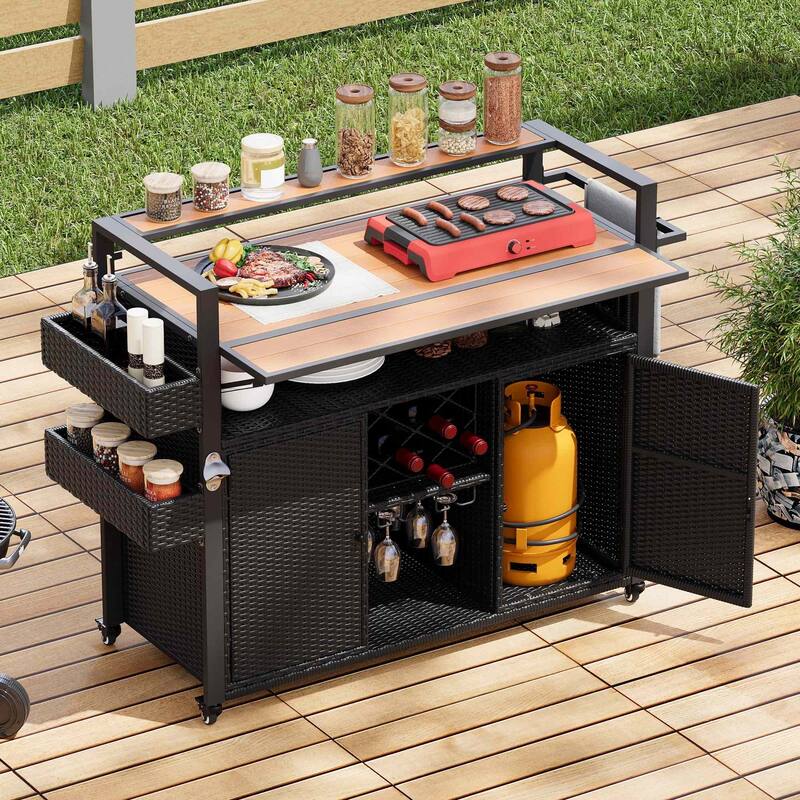 Wicker Outdoor Grill Cart with Drop Leaf Tabletop and Storage Cabinet