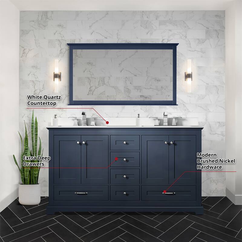 Dukes 60 in. W x 22 in. D Navy Blue Double Bath Vanity, White Quartz Top, Faucet Set, and 58 in. Mirror