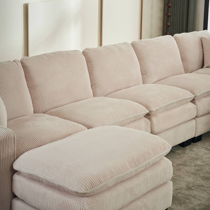 Modular Sectional Sofa for Living Room, U Shaped Sofa Couch with Ottoman and Three Toss Pillows, Corduroy Fabric Sofa Set