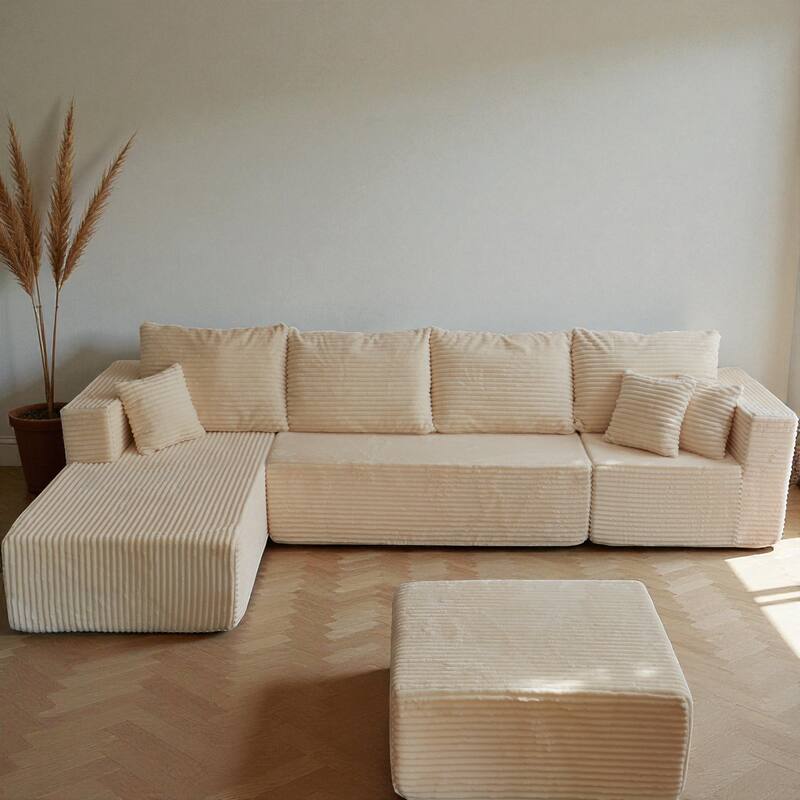 133.86" Cloud Modular U-Shaped Sectional Sofa with Ottoman, Deep-Seat Corded Fabric Couch for Living Room, No Assembly