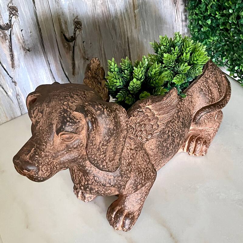 Flying Wiener Dog Planter 18" Brown, With Drain Hole, Rustic Garden - 11 X 18 X 7 inches