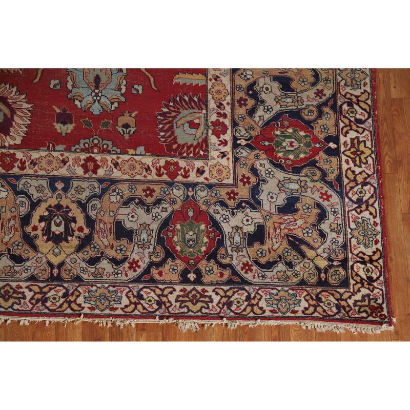 Hand Knotted Oriental 100% Wool Carpet Traditional All-Over Red Tabriz Area Rug - 13' 6'' X 10' 2''