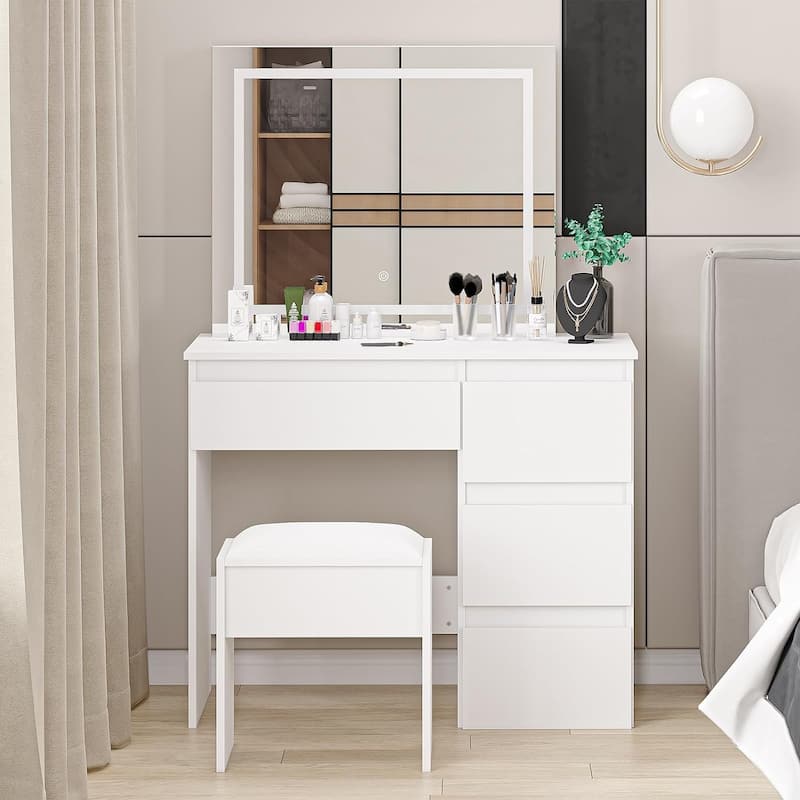 Vanity Desk with Touch Light Mirror - White