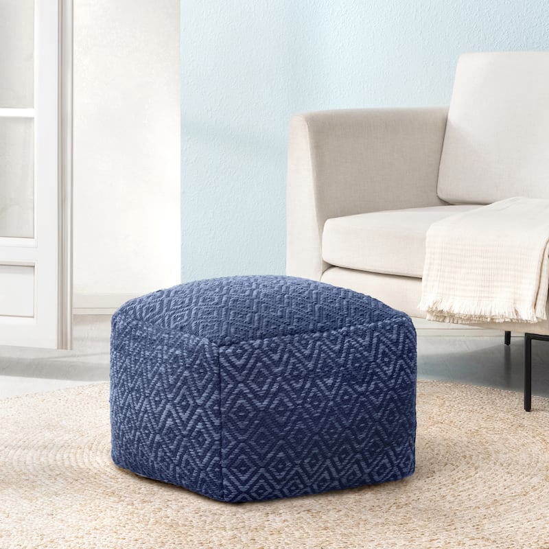Jani 22-inch Ottoman Pouf - Handcrafted Handmade Ottoman for Seating, Footrest, Home Decor for Living Room, Bedroom - Blue/Ivory