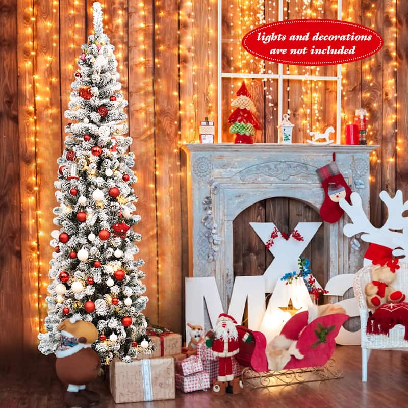 Gymax 7.5ft Snow Flocked Pencil Christmas Tree Artificial Pine Tree w/ - See Details
