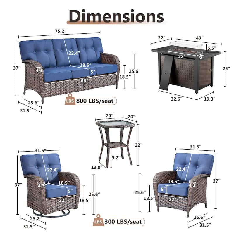 TWrap Wicker Patio Iron Fire Pit Conversation Set with 3-Seat Sofa & Swivel Gliders & Armchairs