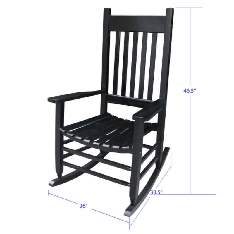 Black wooden porch rocker chair with size 26"(L) x 33.5"(W) x 46.5"(H)