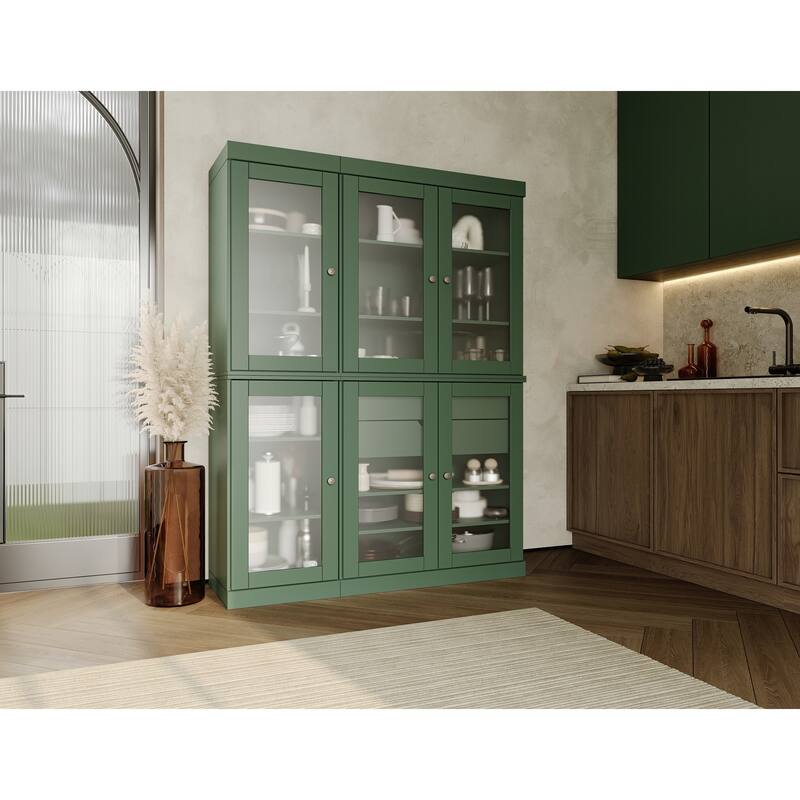 100% Solid Wood 48.5" Pantry Cabinet with Frosted Glass Doors and 2-Drawers