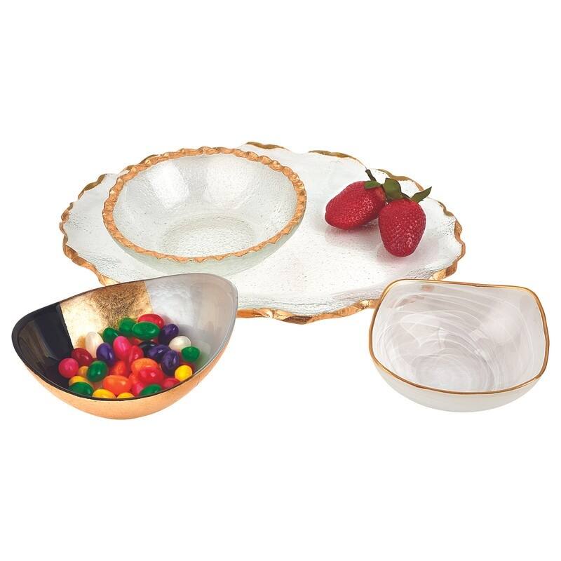 Homeroots 14" Clear Bubble Glass Scalloped Gold Rim Oval Platter