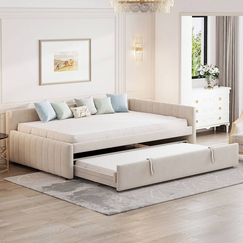 Full Size Upholstered L-Shaped Daybed with Twin Size Pop Up Trundle
