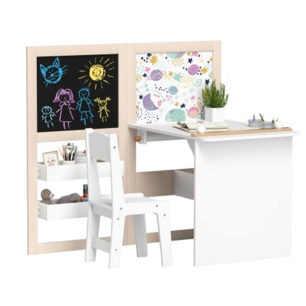 slide 2 of 7, Kids Table and Chair Set, 3-in-1 Art Desk with Blackboard, Whiteboard, Storage, and Roll Paper White