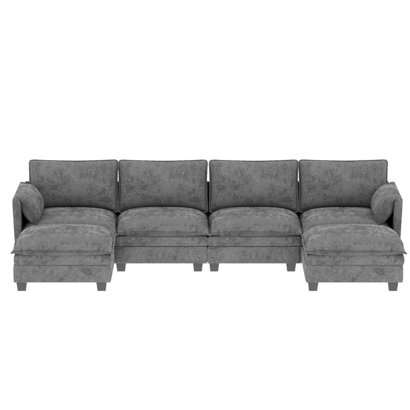 U-Shaped Sectional Sofa with Movable Ottoman, Oversized Fabric Upholstered 6 Seater Sofa, Deep Seat Sofa with Side Pockets
