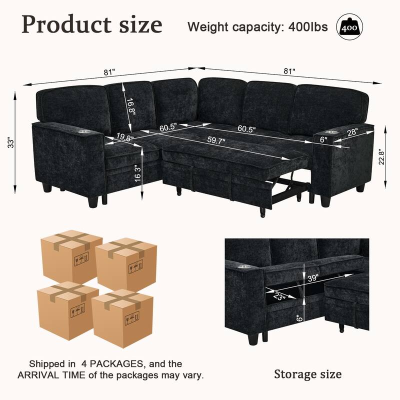 L-Shaped 5-Seat Sleeper Sofa with Storage, USB Charging, Charcoal Grey, 81"x81"x33", 254 lbs