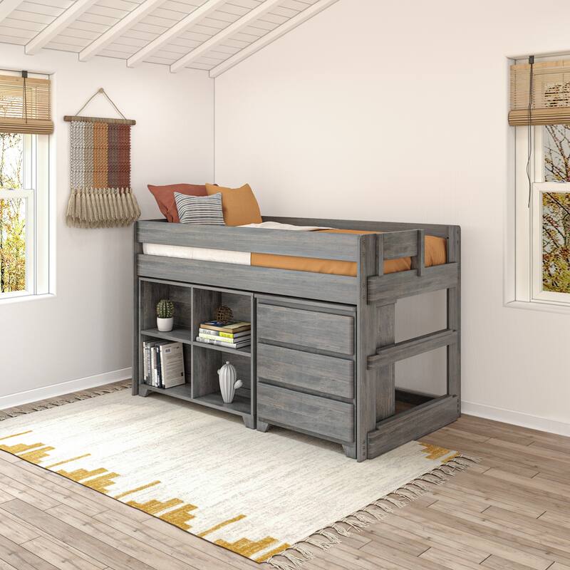 Max and Lily Farmhouse Twin Low Loft with Dresser and Bookcase - Driftwood