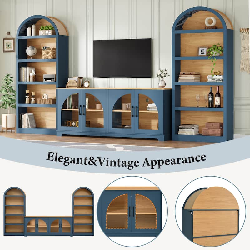 3-Piece Entertainment Center with Bookshelves for TVs up to 70", Retro Wall Unit TV Stand with Glass Doors, Media Console Table