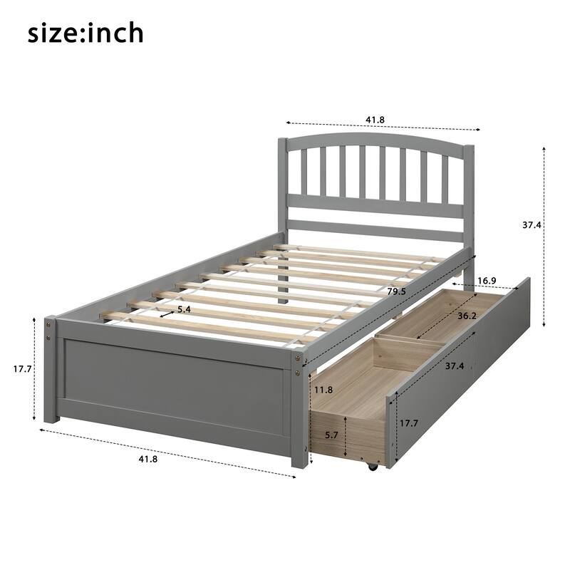 Twin Platform Storage Bed Frame with Headboard, Two Drawers