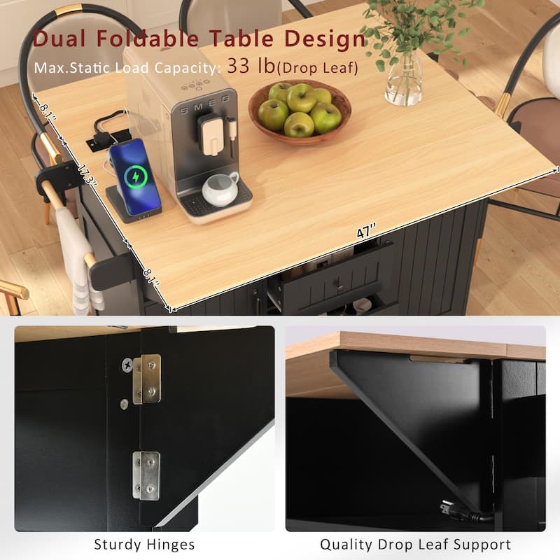 Rolling Kitchen Island Cart, Mobile Kitchen Island on 5 Wheels with 2 Drop Leaf, Power Outlet, Storage Cabinet & Drawers