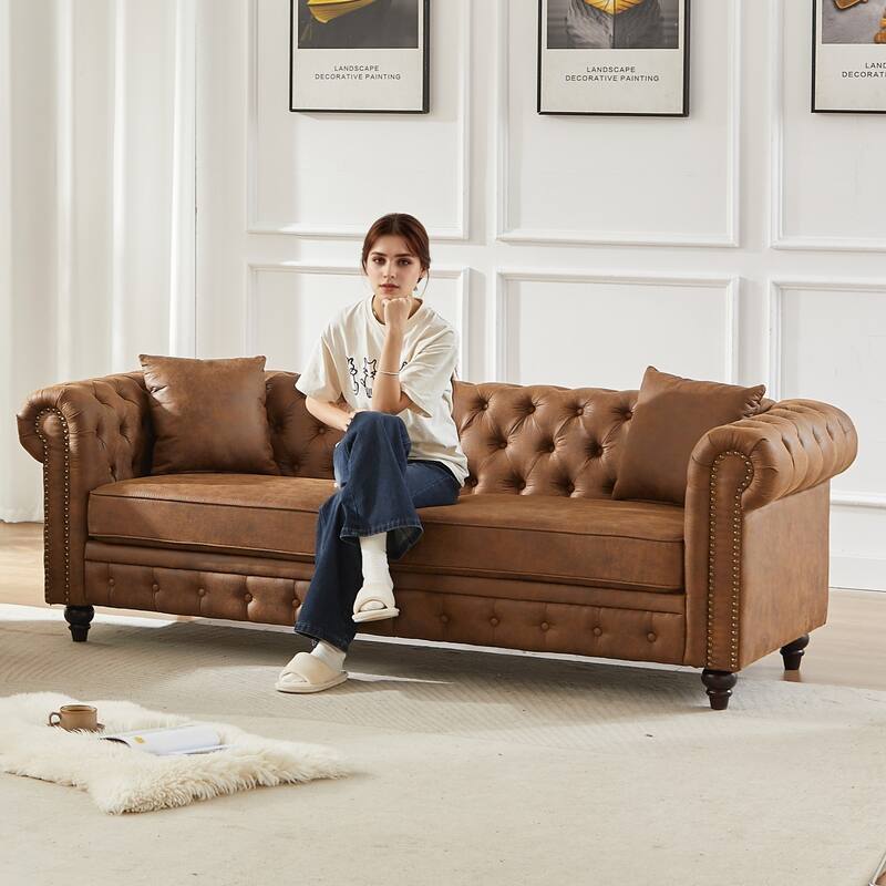 85.5" Tech Fabric Sofa with Rolled Arms and Button Tufted Design
