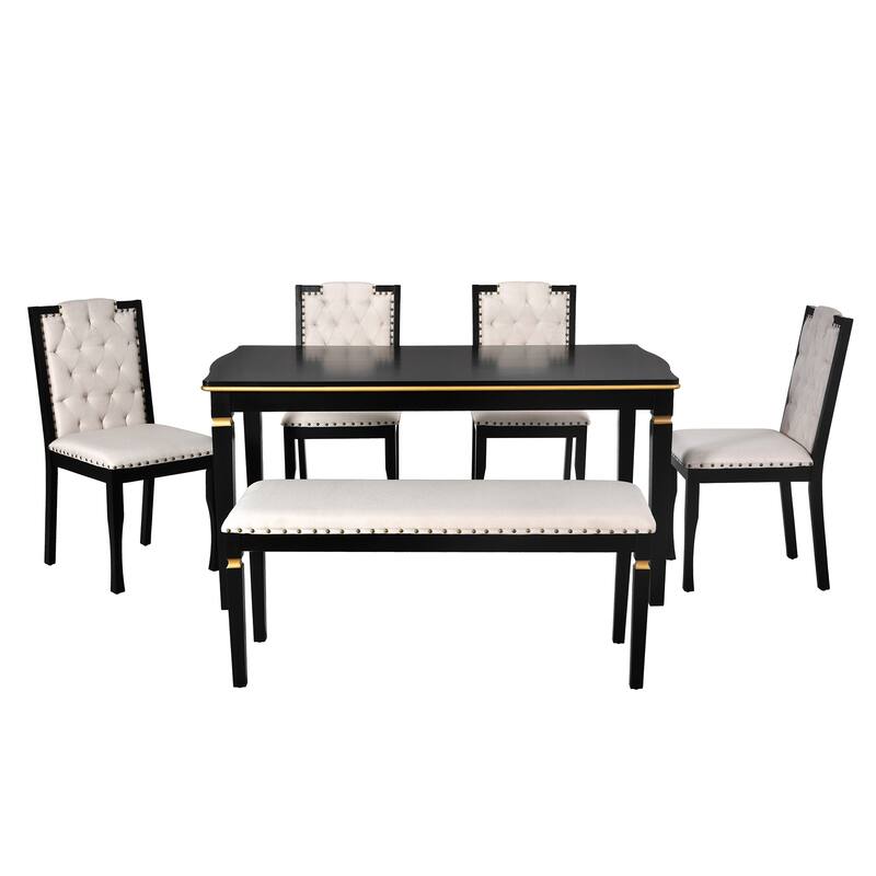 Kitchen Dining Table Set, Dining Room Table Set for 6 with Rectangular Table, Bench and 4 High Back Tufted Chairs