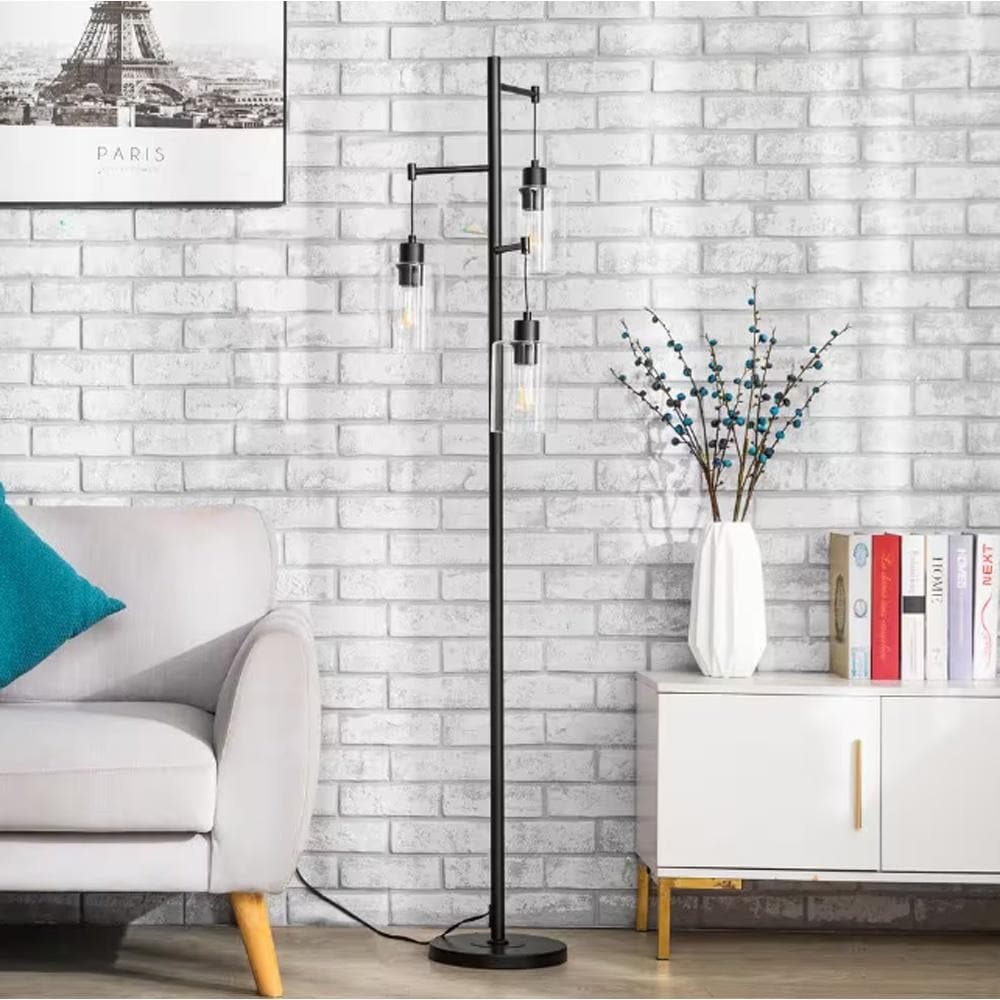 65 in. Black Industrial Floor Lamp with Hanging Glass Shades 3-Light - 10