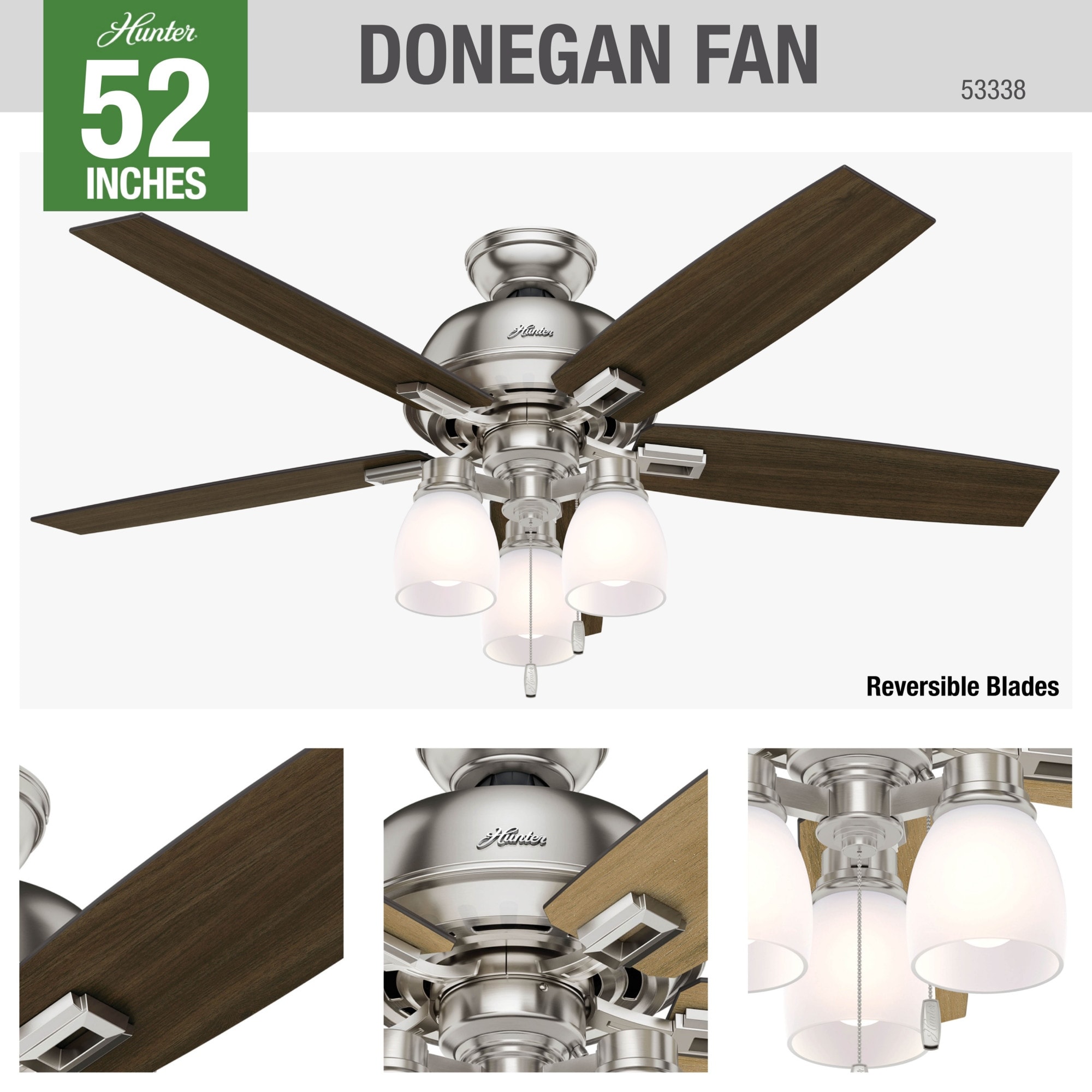 Hunter 52 Donegan Ceiling Fan With 3 Light Led Light Kit And Pull Chain Overstock 12205592