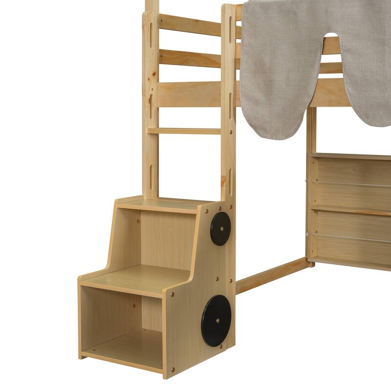 Wooden Loft Bed with House-Shaped Frame, Tent, Slide, and Ladder, Twin/Full Size, Natural Beige