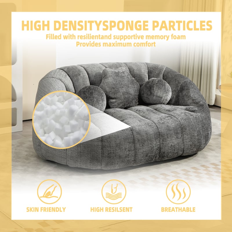 Chenille Upholstered Bean Bag Chair, Lazy Floor Sofa with Foam Filler, Fluffy Bean Bag Sofa with 3 Pillows & High Backrest
