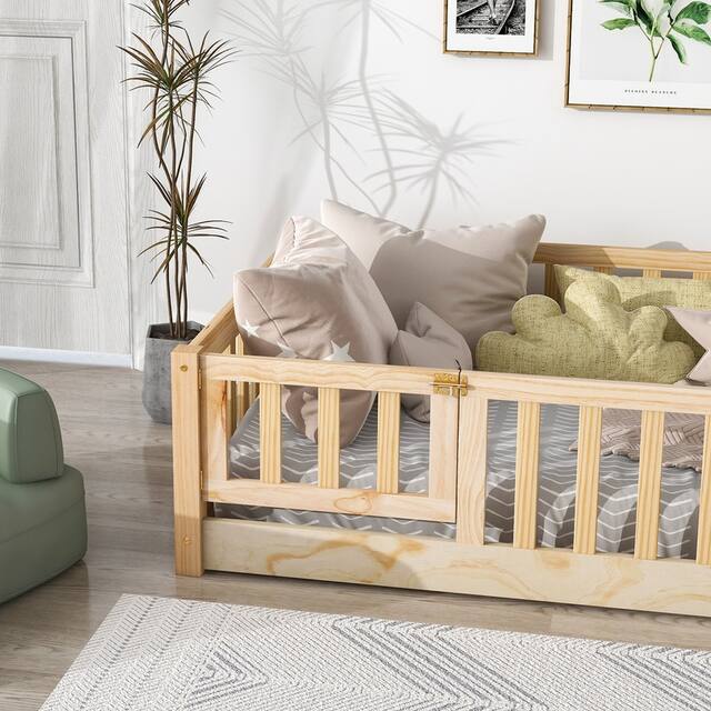 Twin/Full/Queen size Floor Platform Bed with Fence and Door for Kids, Toddlers