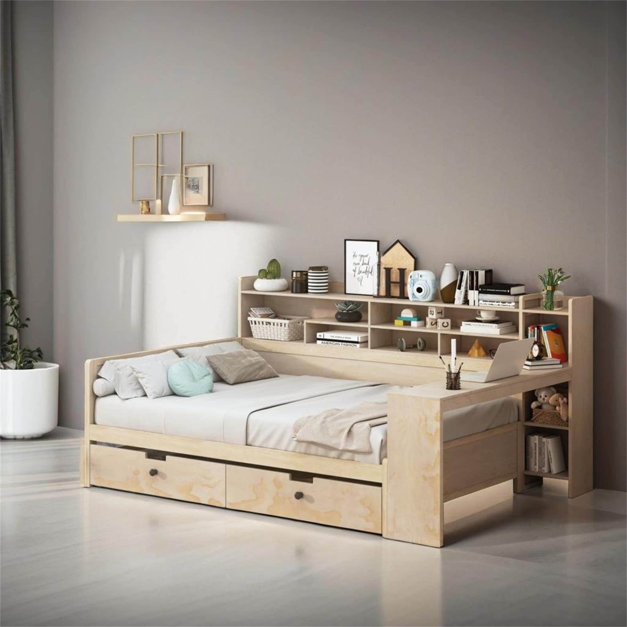 Multi-functional Bed with Two Storage Drawers and Study Desk