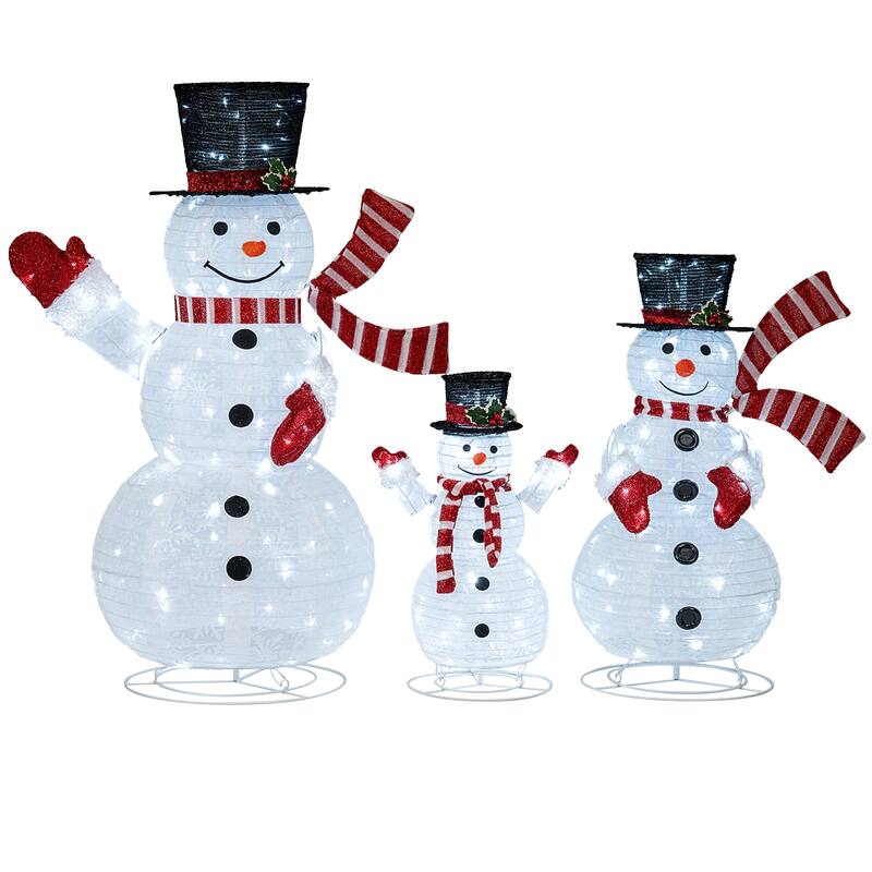 Gymax Set of 3 Pre-Lit 3D Snowman Set w/270 LED Lights for Home Lawn - Multicolor